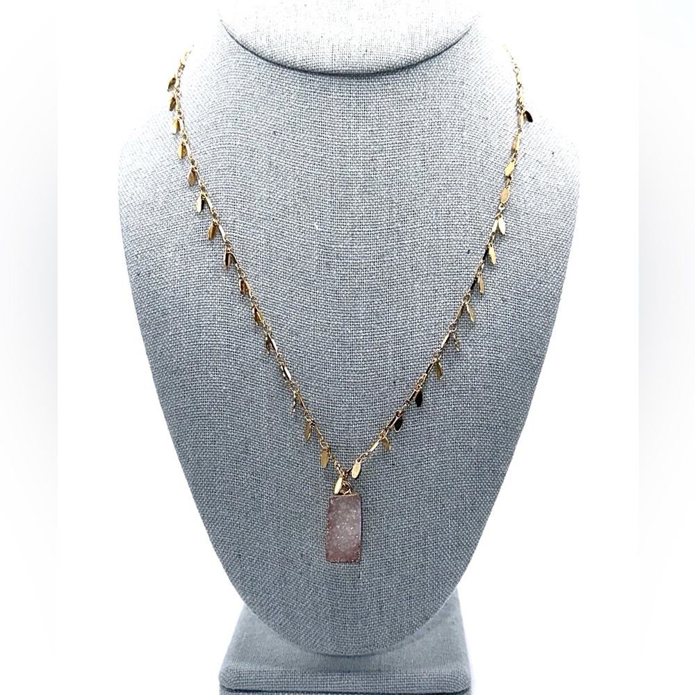 New Pink Quartz Stone Gold Dainty layering Necklace Adj minimalist revolve